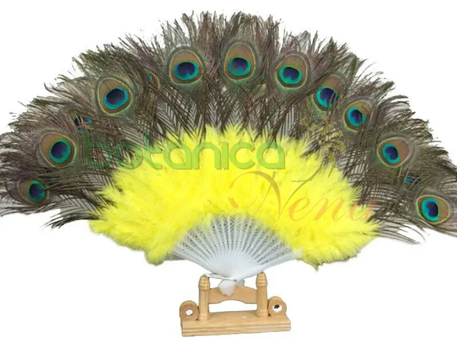 Abanico de Plumas Amarilla, con pluma de Pavo Real. Ochun. 14"Alto - Botanica Nena