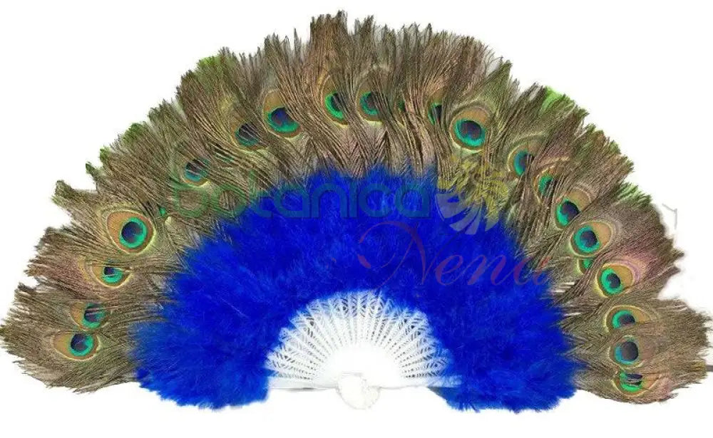 Abanico de Plumas Azul, con pluma de Pavo Real. Yemaya. 14"Alto - Botanica Nena