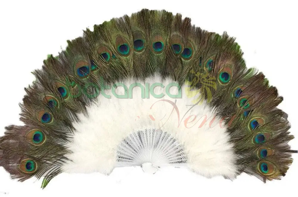 Abanico de Plumas Blanco, con pluma de Pavo Real. Obatala. 14"Alto - Botanica Nena