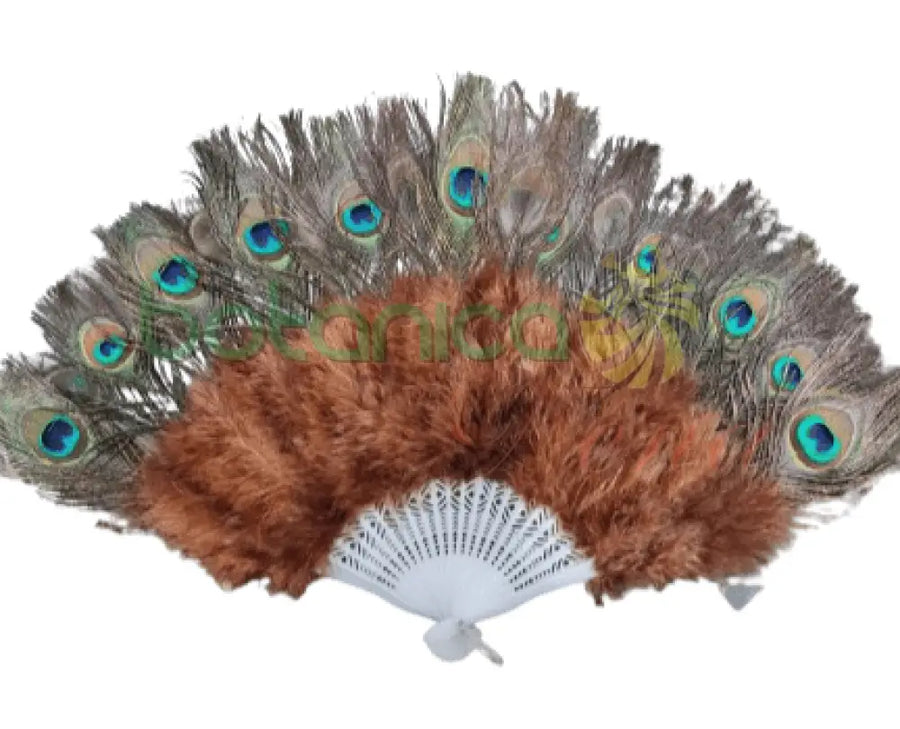 Abanico de Plumas Carmelita, con pluma de Pavo Real. Oya .14"Alto - Botanica Nena
