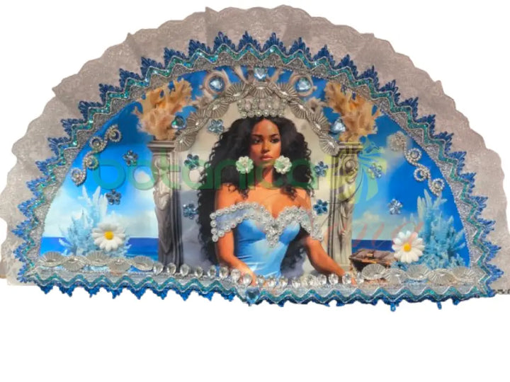 Abanico Grande con imagenes Orishas Azul Claro - Yemaya Asesu