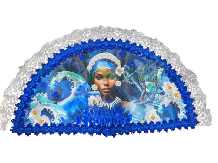 Abanico Grande con imagenes Orishas Azul - Yemaya