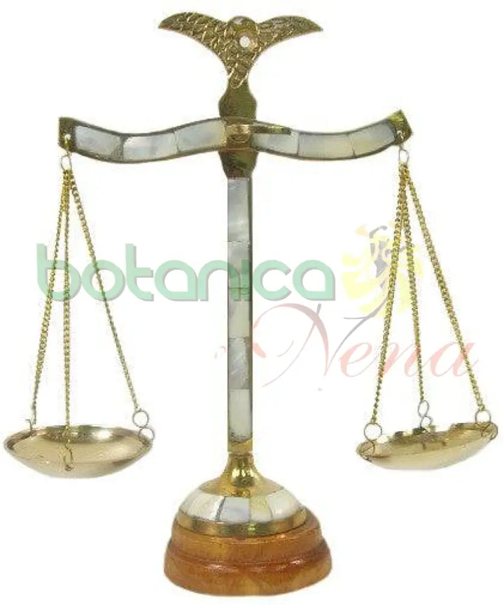 Balanza Medina de Bronce con Madre Perla y Base en Madera 9"Alto x 7"Ancho - Botanica Nena