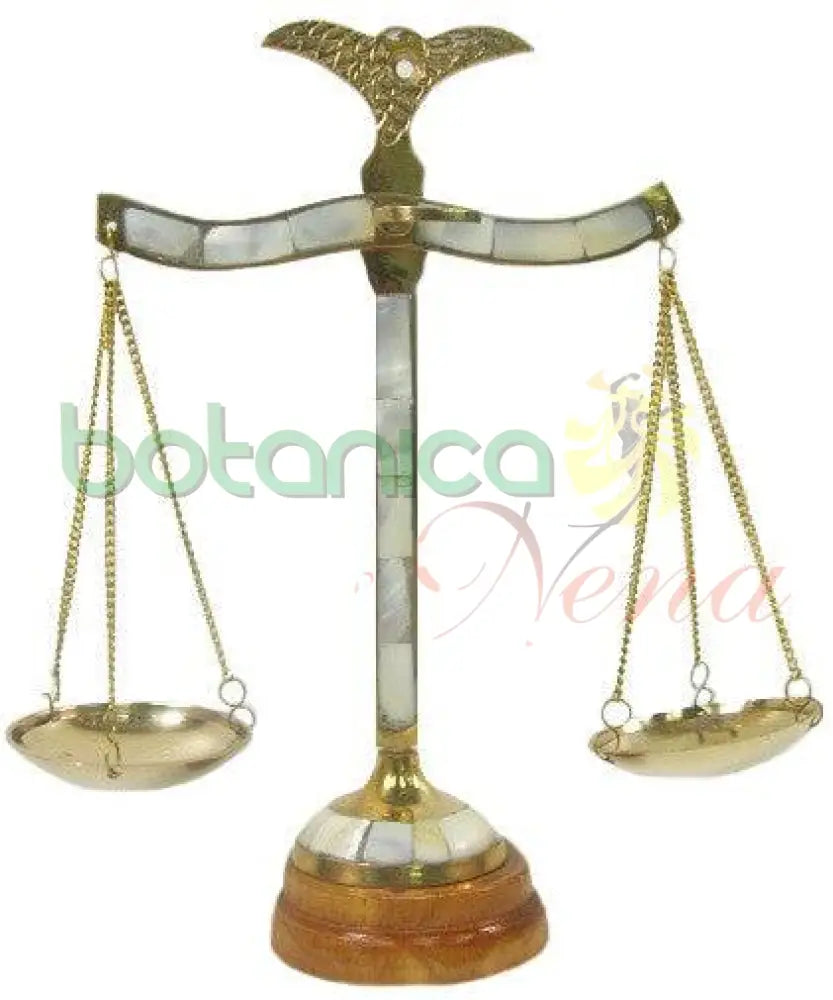 Balanza Medina de Bronce con Madre Perla y Base en Madera 9"Alto x 7"Ancho - Botanica Nena