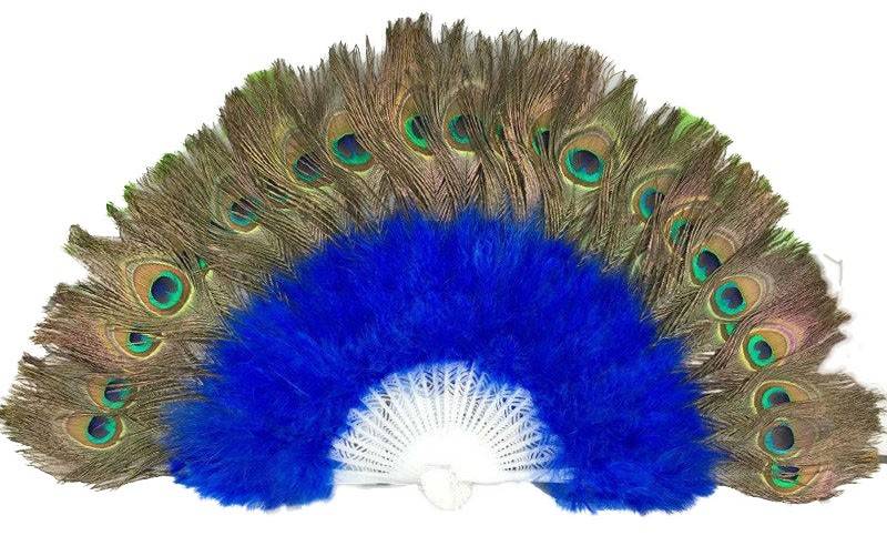 Abanico de Plumas Azul, con pluma de Pavo Real.  Yemaya. 14"H - Botanica Nena