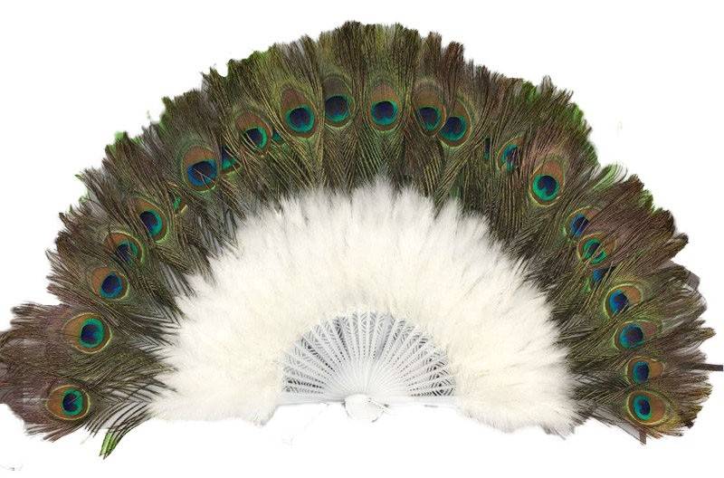 Abanico de Plumas Blanco, con pluma de Pavo Real.  Obatala. 14"H