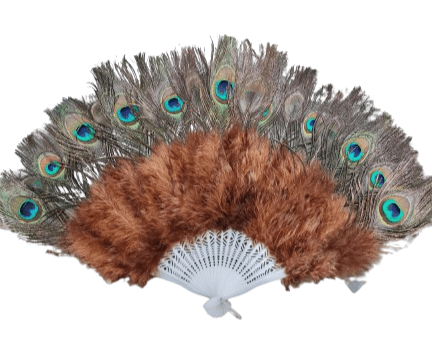 Abanico de Plumas Carmelita, con pluma de Pavo Real. Oya .14"H - Botanica Nena