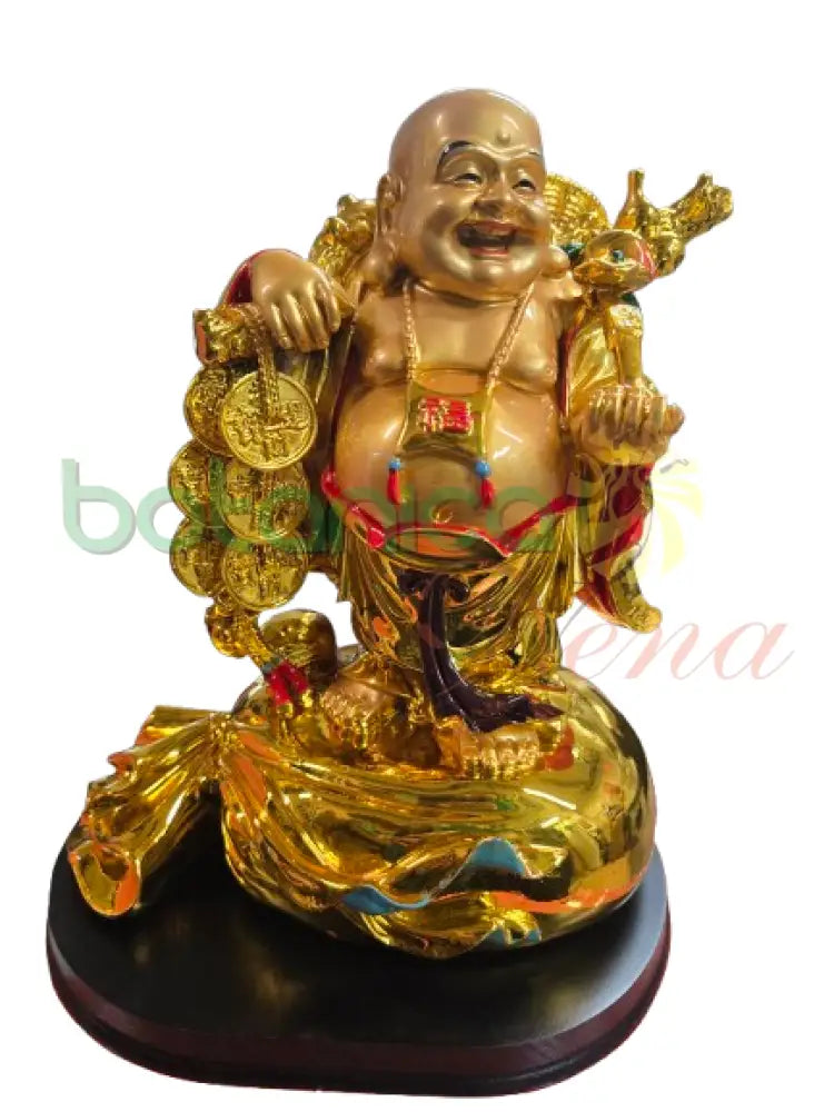 Buda / Buddha Dorado brillante Grande 12’’Alto Parado bolsa de dinero lisa cerrada