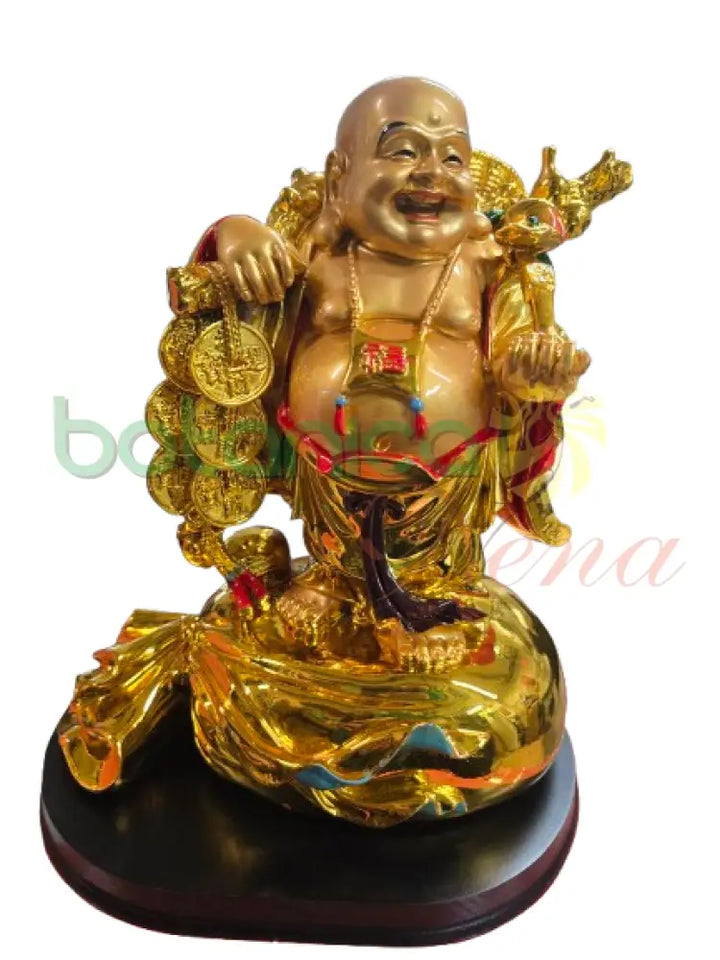 Buda / Buddha Dorado brillante Grande 12’’Alto Parado bolsa de dinero lisa cerrada