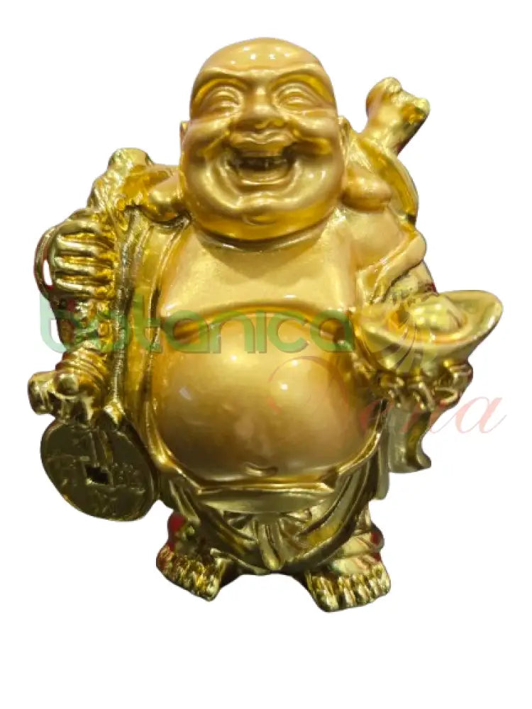 Buda / Buddha Dorado brillante Pequeño 3.5’’H y 4.5’’H Aprox Parado cn Yuanbao en la izquierda