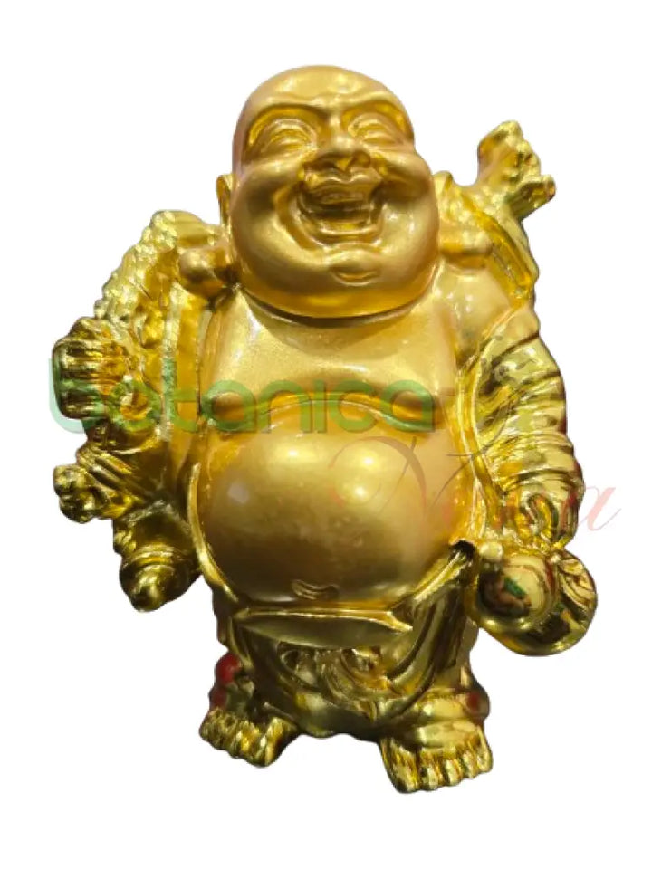 Buda / Buddha Dorado brillante Pequeño 3.5’’H y 4.5’’H Aprox Parado con bolsa dinero en espalda