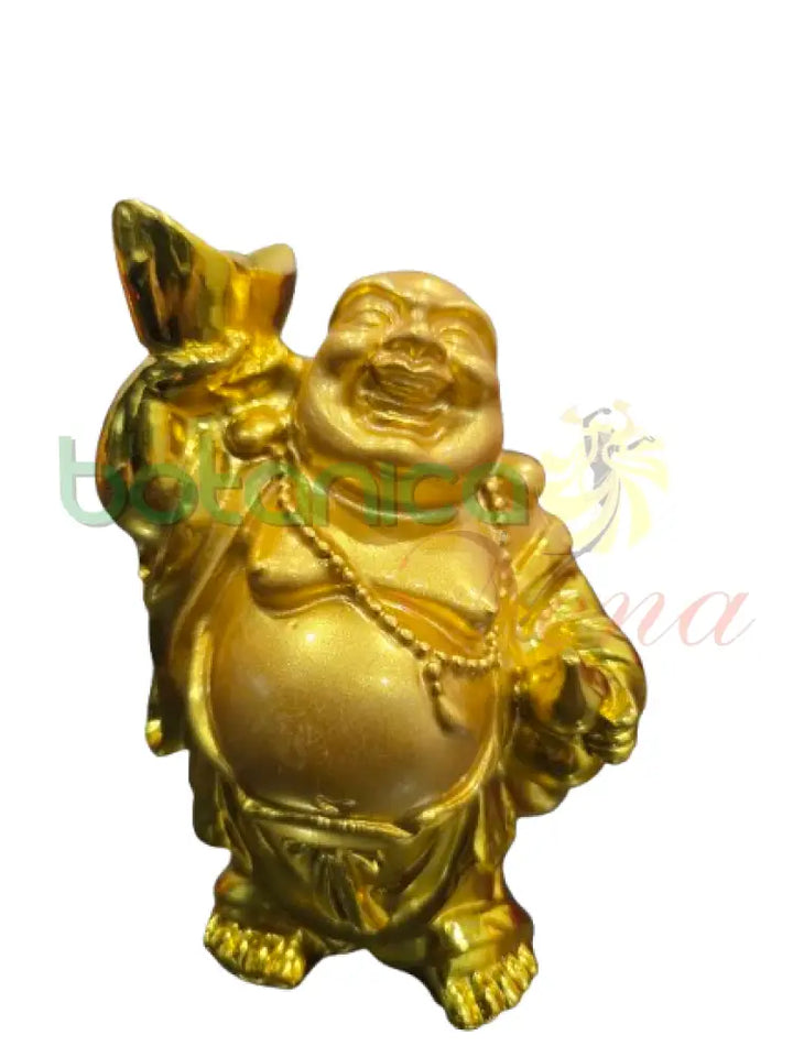 Buda / Buddha Dorado brillante Pequeño 3.5’’H y 4.5’’H Aprox Parado con Yuanbao a la derecha