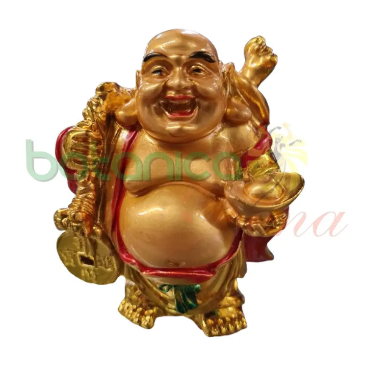 Buda / Buddha Dorado brillante Pequeño 3.5’’H y 4.5’’H Aprox Parado con Yuanbao en la mano izq