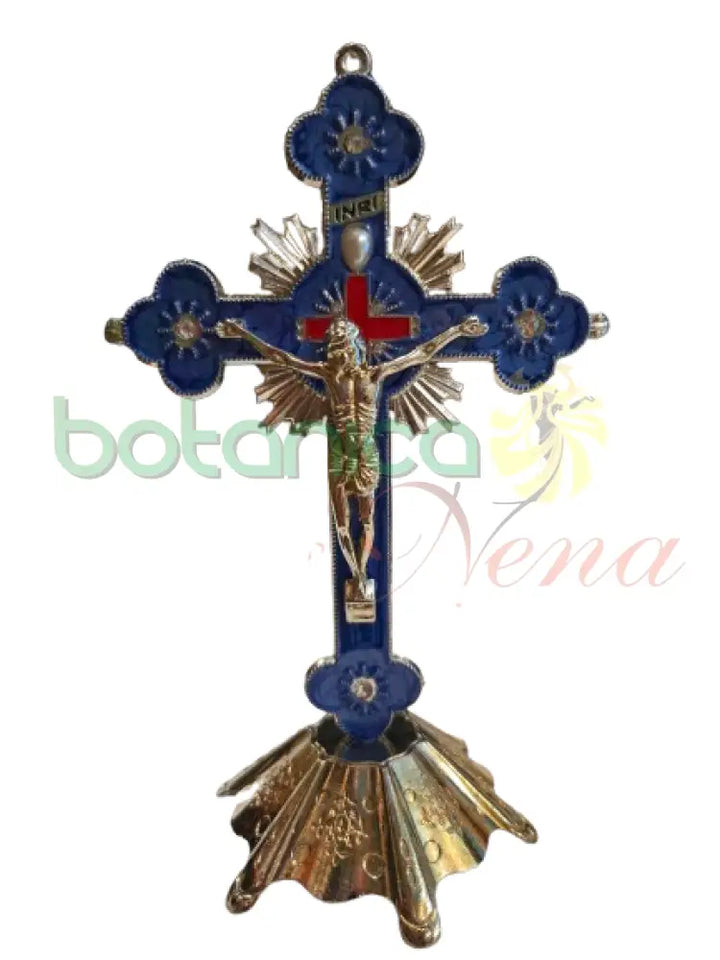 Crucifijo Con Base 7’’ Alto X 4.3W Plateado con Azul 7’’H x 4.3’’W
