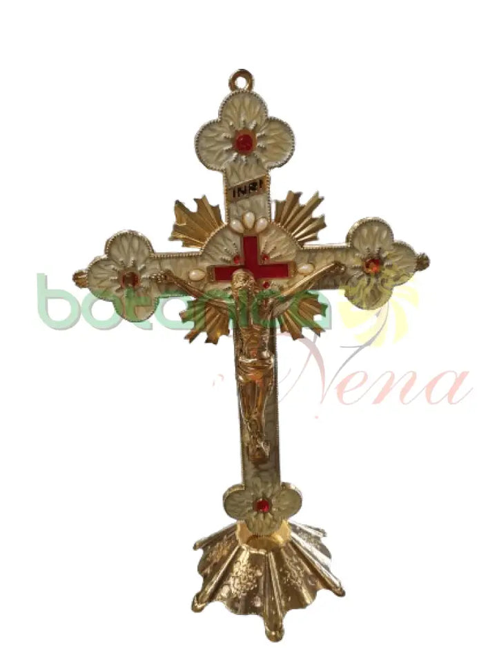 Crucifijo Con Base Dorado 13’’ Grande Dorado Rojo y crema 13’’H x 8’’W