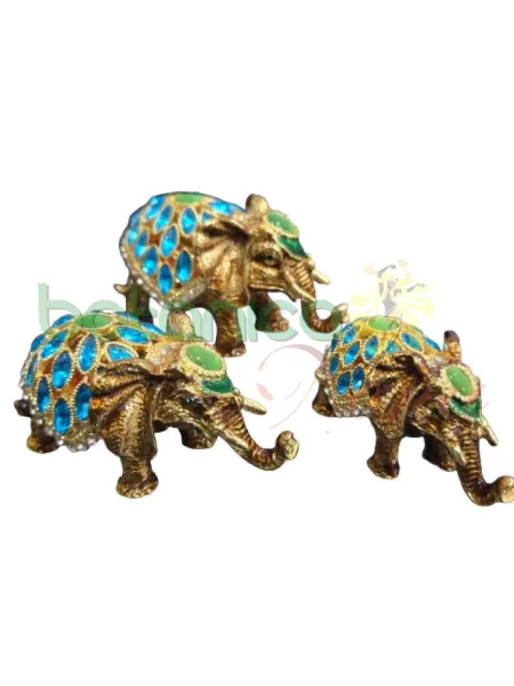 Joyeros Set 3 Elefantes con Brillantes Cobre con azul y verde