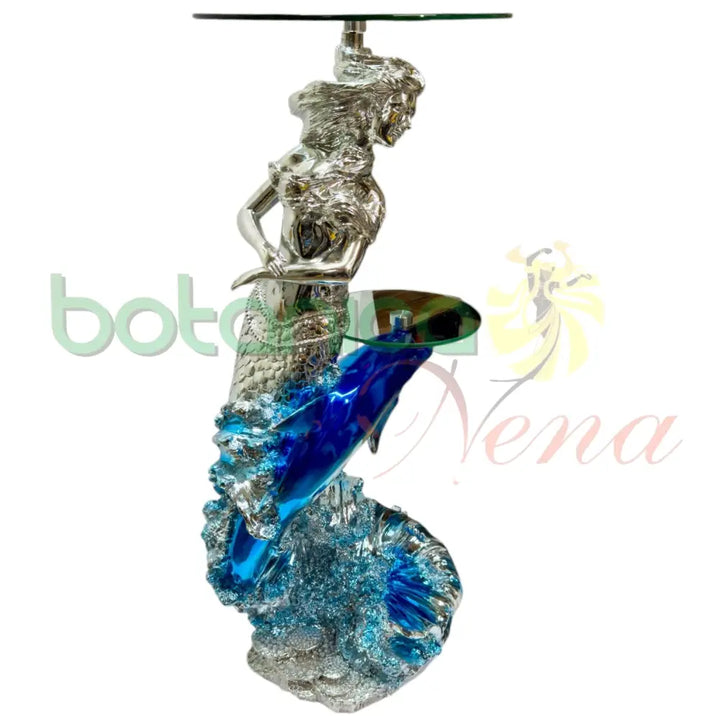 Pedestal/Base doble De Sirena y Delfin Plateado y Azul Claro Yemaya Asesu