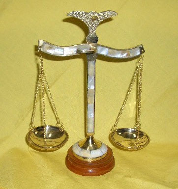 <p>Brass scale, with mother of pearl andwooden base</p>