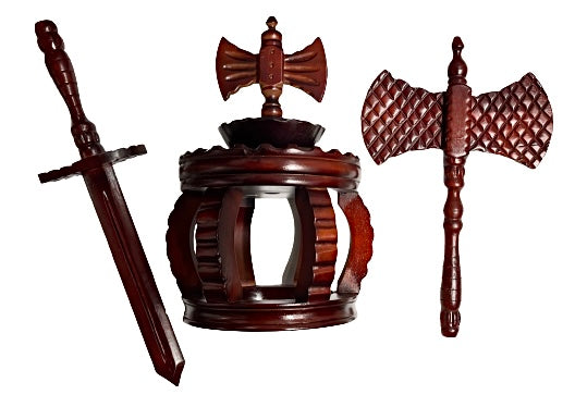 Set Of 3 Wooden Pieces Crown-Axe-Sword For Shango